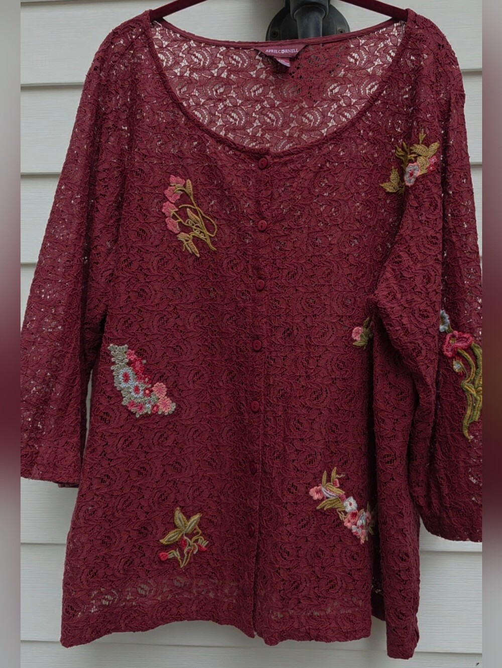 Maroon Red Burgundy Lace Button-Down Embroidered Women's Top April Cornell XXL